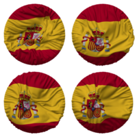 Spanien flagga i runda form isolerat med fyra annorlunda vinka stil, stöta textur, 3d tolkning png