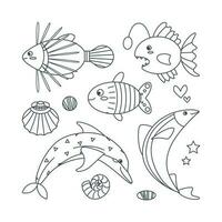 Set of marine elements fish, shells, dolphin, stones in flat cartoon style. Line art. vector