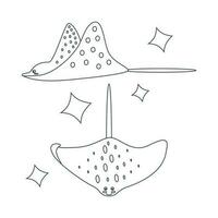 Set of marine stingray elements in flat cartoon style. Line art. vector