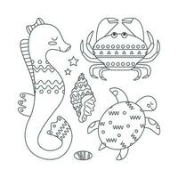 Set of sea elements fish, turtle, crab, shells, seahorse, stones in flat cartoon style. Line art. vector