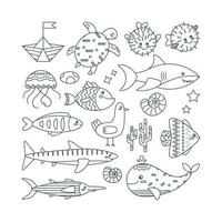 Set of marine elements seaweed, turtle, boat, jellyfish, puffer fish, fish, whale, shark. Line art. vector
