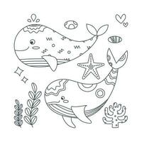 Set of marine elements fish, starfish, seaweed, whale in flat cartoon style. Line art. vector