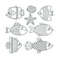 Set of marine elements starfish, fish, seashells in flat cartoon style. Line art. vector