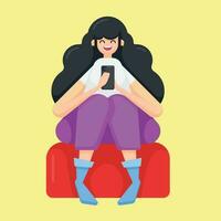 Young girl uses a smartphone sitting on couch. Text messaging or Enjoying social media. vector illustration