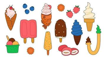 Set of various traditional ice creams. Vector illustrations. Soft serve, mochi ice cream, kulfi, J cone ice cream clip-art.