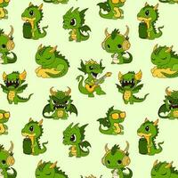 Seamless pattern with Vector Stock Illustration isolated Emoji characters cartoon green dragon dinosaur laughs sticker emoticon