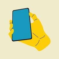 Hand holding smartphone. Vector illustration in flat style