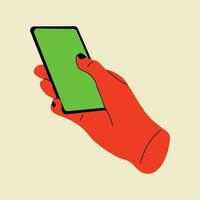 Hand holding smartphone. Vector illustration in flat style