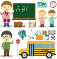 Teacher and school characters vector illustration, with educational icons and objects set