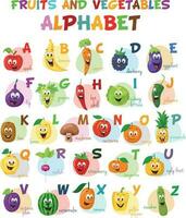 Cute cartoon illustrated alphabet with funny fruits and vegetables characters. English alphabet. Learn to read. Isolated Vector illustration.