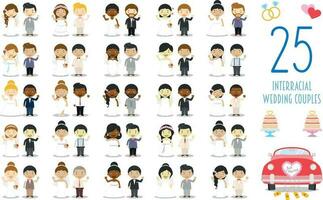 Set of 25 interracial wedding couples and nuptial icons in cartoon style vector