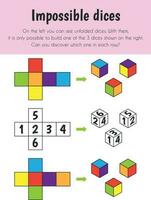 Impossible dices Educational Sheet. Primary module for Logic Reasoning. 5-6 years old. Educational Sheets Series vector