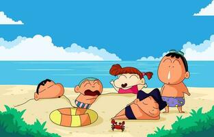 contento niño y amigos jugando en el playa antecedentes vector