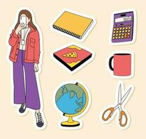 Student with some set of equipment stickers collection vector