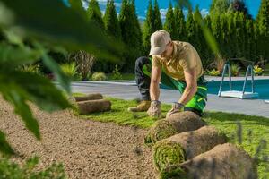Rolls of Natural Grass Turfs Installed by Professional Landscaper photo