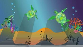 Underwater world, 2 turtles, underwater algae, light shadows in water, summer vector illustration for turtle day