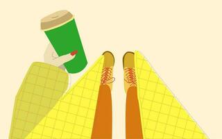 Autumn image, a girl in a coat with a coffee cup in her hand. Foreshortening top view, vector image