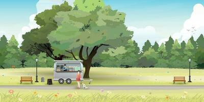 Landscape of public park with street cafe van and woman as a customer in sunshine day. Small business and street food concept vector illustration.