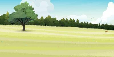 Countryside fields landscape with young deer, flowers, green hills, forest, clouds and blue sky background flat design vector  illustration.