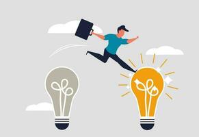 Transformation idea in business. A man jumps from bad idea to good idea. Business innovation and adoption. A businessman jumps on a shiny light bulb. Vector illustration concept