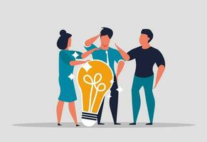 Innovative idea business people. Business solution in team of colleagues. Achievement goal in teamwork and implementation of plans. People holding a light bulb with ideas. Vector illustration concept