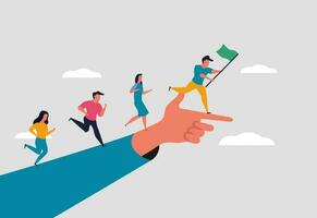 Leadership over team members. Pointer for business, a big hand shows a finger in the direction and business people run. The leader with the flag will lead to the goal. Vector illustration concept