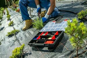 Landscaper Installing Drip Irrigation System in a Newly Developed Garden photo