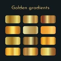 Set of golden gradient. Gold foil texture background set. Vector golden, copper, brass and metal gradient template. Gold gradient vector palette for background template