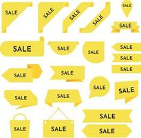 Set of vector yellow badges. Simple flat style labels, stickers with sale text. Shopping stickers and badges vector mockup.Web ribbon banner, sales promotion stickers