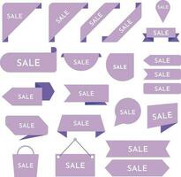 Set of vector purple badges. Simple flat style labels, stickers with sale text. Shopping stickers and badges vector mockup. Web ribbon banner, sales promotion stickers