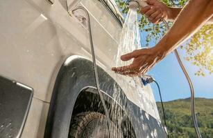 RV Camper Van Outdoor Shower Taking photo