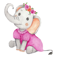 Cute elephant with a flower cartoon hand drawn Clip art Element Transparent Background png