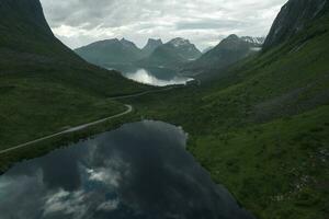 Scenic Mountains and Lakes of Senja Island in the Norway photo