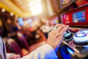 Woman in Her 40s Playing Modern Slot Machine photo