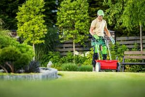 profesional jardinero con césped y jardín semilla esparcidor foto