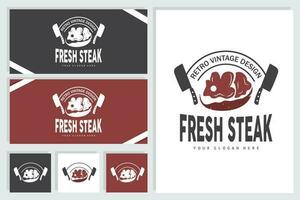 Steak Logo, Vintage Retro Rustic BBQ Grill Theme Design Style, Barbeque Fresh Meat Vector, Icon Symbol Illustration vector