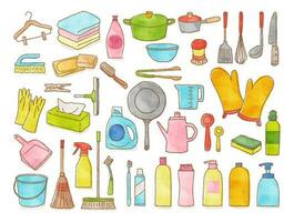 household supplies, vector watercolor hand-drawn illustration set