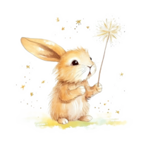 Rabbit blowing dandelion watercolor. Illustration png