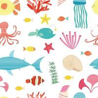 Vector marine animals seamless pattern. Flat sea animals and shells pattern. Shark, globe fish, reef fish, jellyfish, clownfish and sea shells