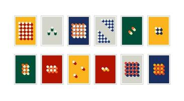 Bauhaus posters. Set of twelv abstract vertical collages with color cylinders. vector