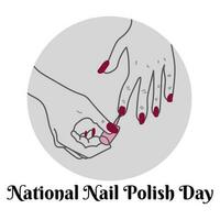 nacional uña polaco día, tarjeta diseño para fiesta decoración con manos en el proceso de manicura vector