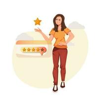 Feedback illustration concept. User experience concept. Flat vector illustration of a cartoon. Character holds a star rating.