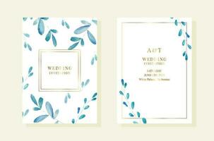 Wedding pemplates with watercolor blue leaves. Gold frames vector