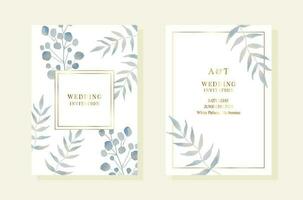 Wedding pemplates with light blue watercolor branches and leaves. Gold frames vector