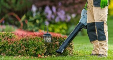 Gardener with Leaf Blower in His Hand Cleaning Residential Garden photo