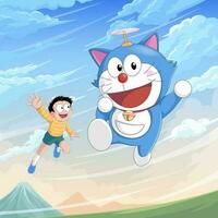 A Boy And Blue Robot Cat Fly Upon The hills vector