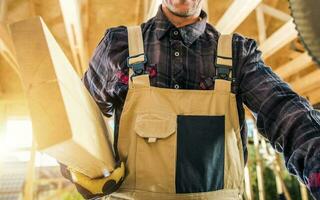 Wood Skeleton Framing Construction Worker with Plank photo