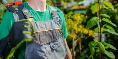 Professional Gardener with Large Garden Scissors on His Shoulder photo