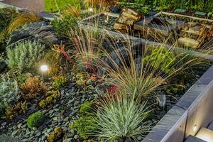 Beautiful Rockery Garden Illuminated at Night photo