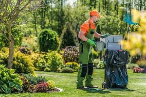 jardinero limpia privado yarda zona después rutina mantenimiento. foto